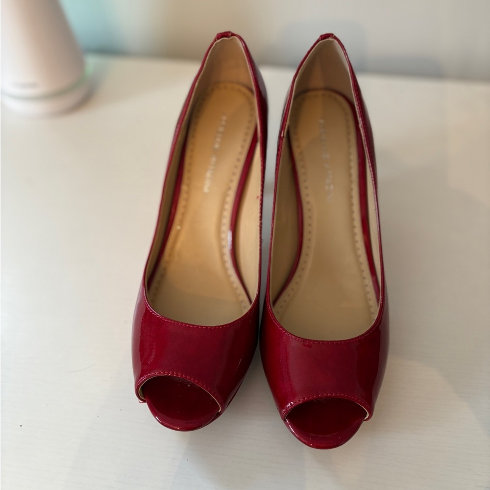 Elegant Patent Red Peep-Toe 4” heels.